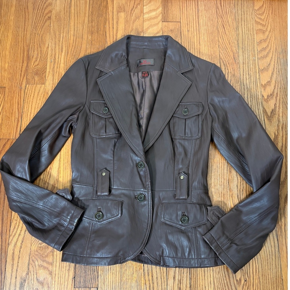 Danier Brown Leather Jacket Military‎ Style Pockets Button Closure women's XS